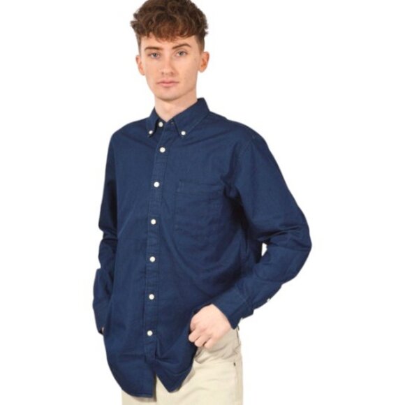 Uniqlo men's navy blue long sleeve slim fit button down polo shirt size S - Picture 1 of 7
